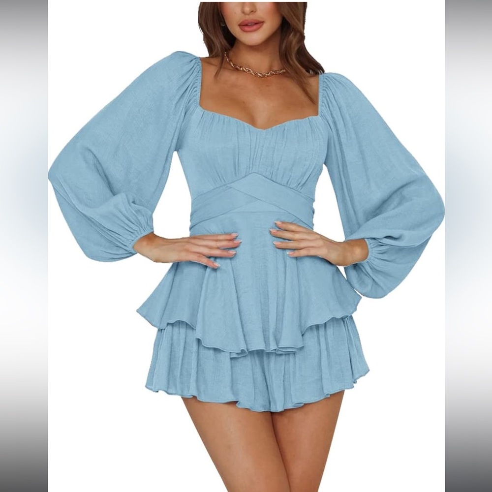 LYANER Women's Romper Jumpsuit Lantern Long Sleeve Ruffle Layer Tie Size Medium